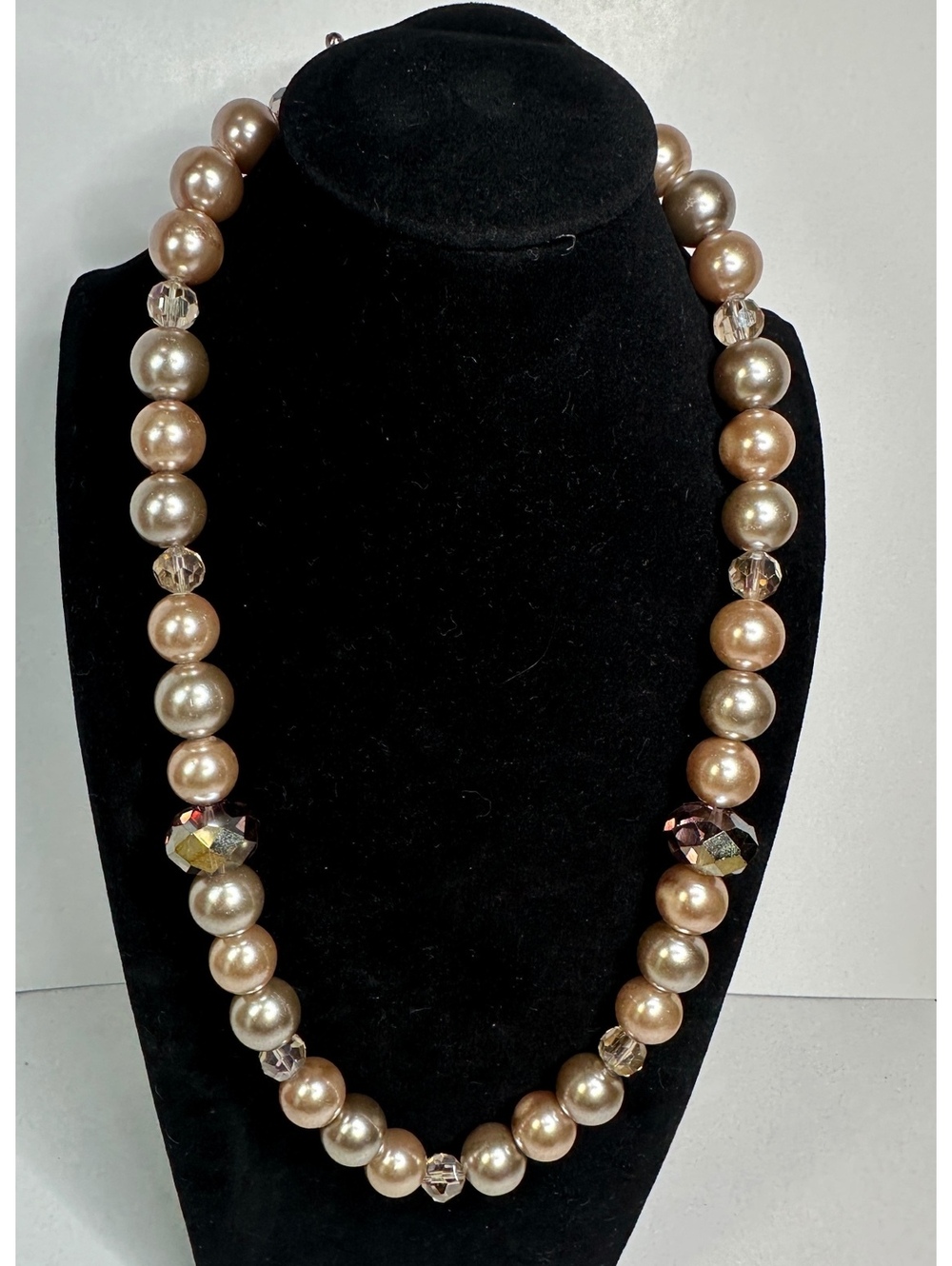 Champagne Grey Faux Glass Pearl Faceted AB Crystal Necklace 22” Pastel